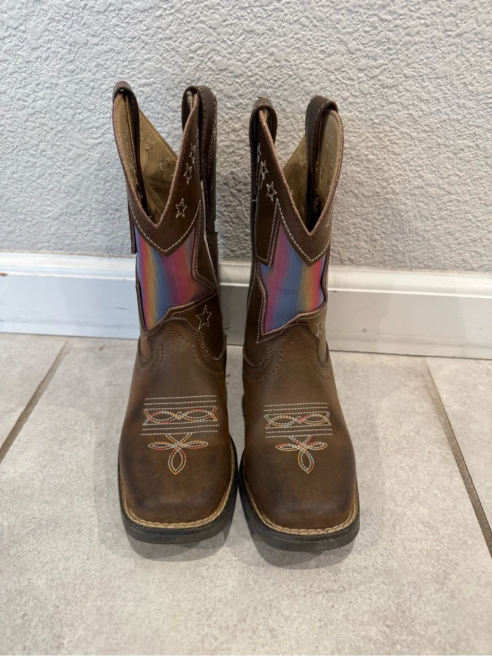 Shyanne Brown Leather Kids Western Boots with Rainbow Inset